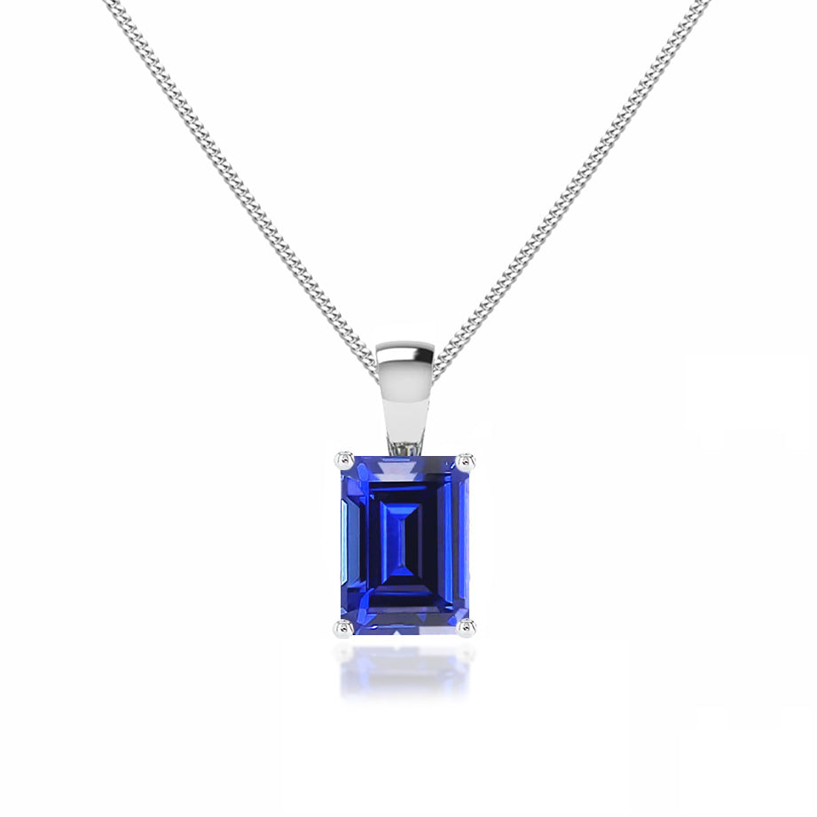 ELIZA - Emerald Cut Blue Sapphire 4 Claw Drop Pendant 18k