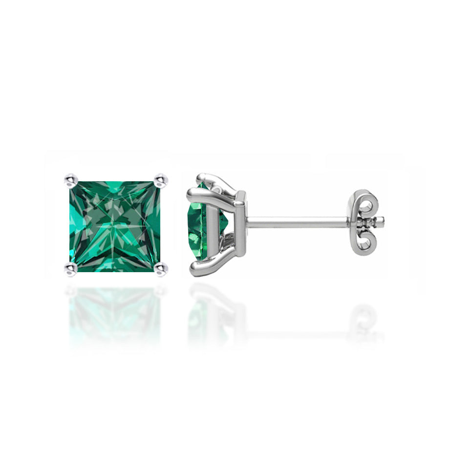 1 ct Princess Brilliant Cut Solitaire Deep Green Emerald CZ VVS1 Stud Earrings Solid 14k White discount Gold Anniversary Birthday Bridal Gift