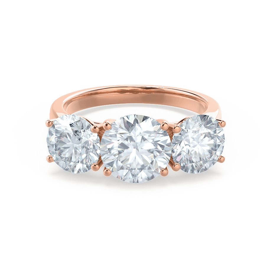 Leanora Round Moissanite 18k Rose Gold Trilogy Ring Lily Arkwright