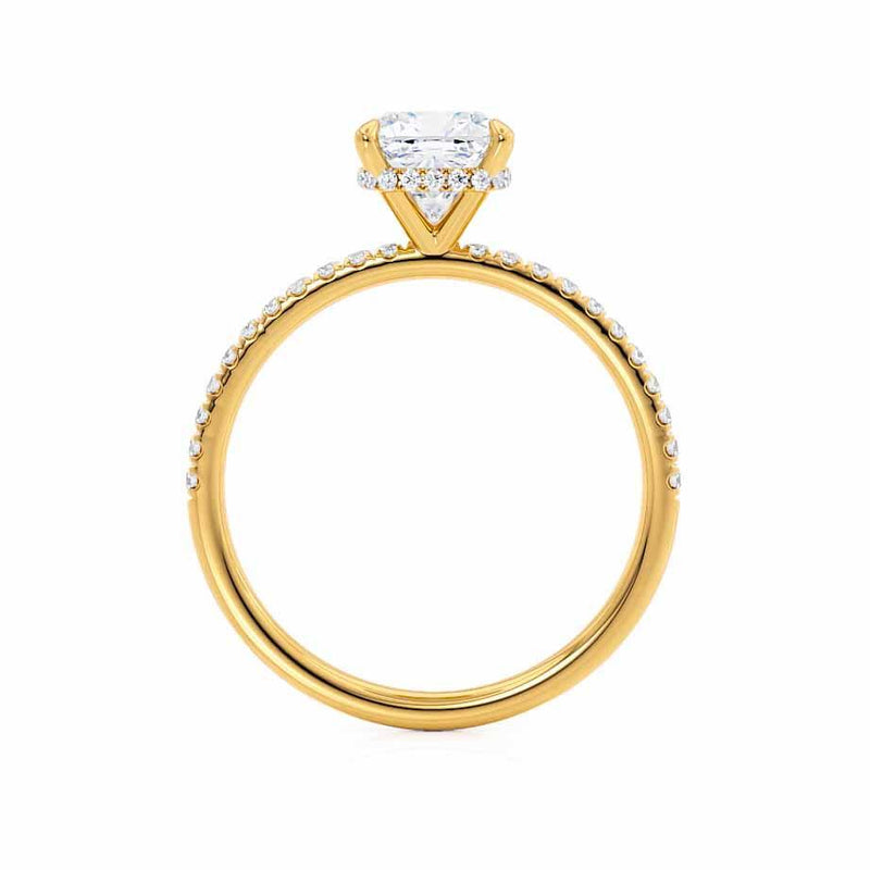 LIVELY - Cushion Lab Diamond 18k Yellow Gold Petite Hidden Halo Pavé Shoulder Set Engagement Ring Lily Arkwright