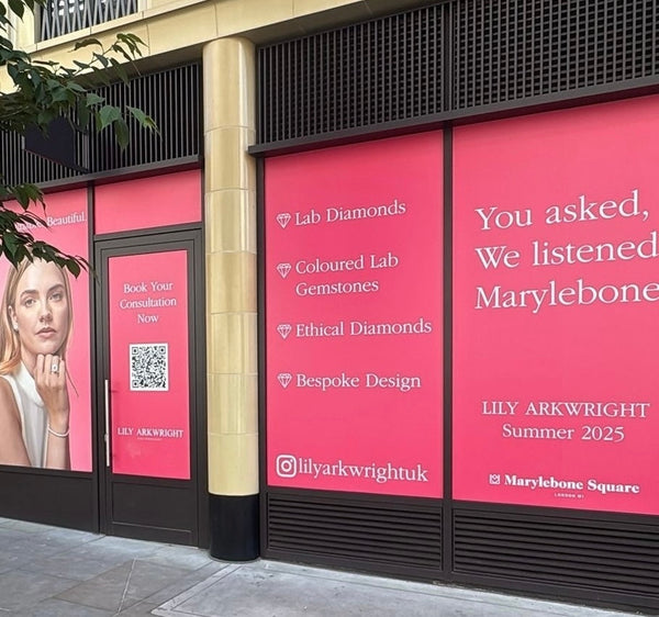 lily arkwright marylebone new flagship store opening with pink coming soon vinyls