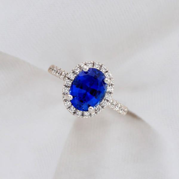 Chatham Lab grown Blue Sapphire Halo Engagement Ring Lily Arkwright