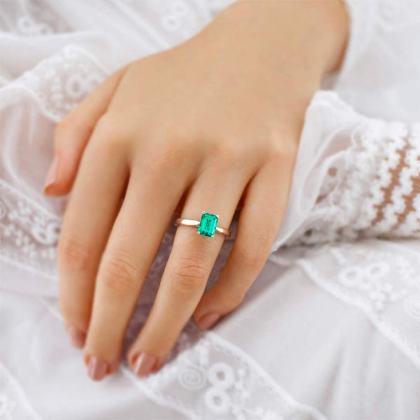 Lily Arkwright lab grown chatham green emerald solitaire ring
