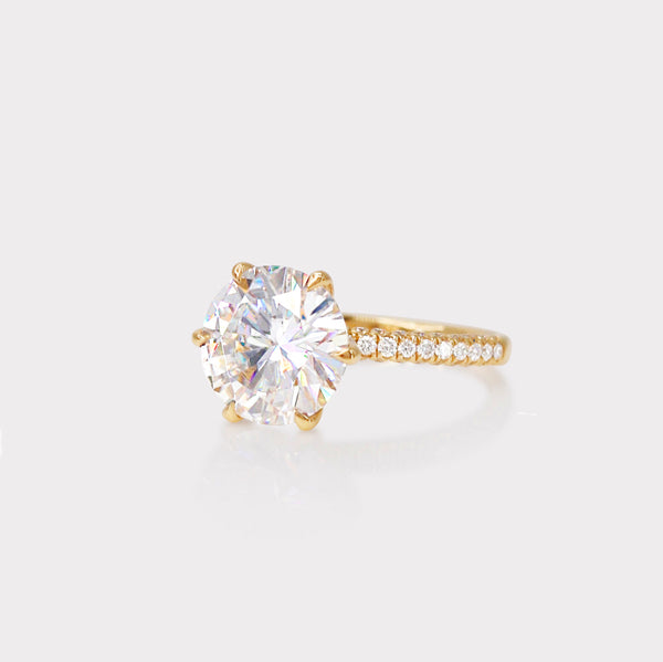 Custom 6 claw coco ring with triple pave, brilliant round cut 18k yellow gold engagement ring by Lily Arkwright