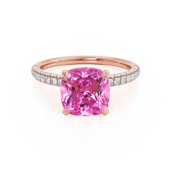 COCO - Cushion Pink Sapphire & Diamond 18k Rose Gold Hidden Halo Triple Pavé Shoulder Set Engagement Ring Lily Arkwright