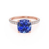 COCO - Cushion Blue Sapphire & Diamond 18k Rose Gold Hidden Halo Triple Pavé Shoulder Set Engagement Ring Lily Arkwright
