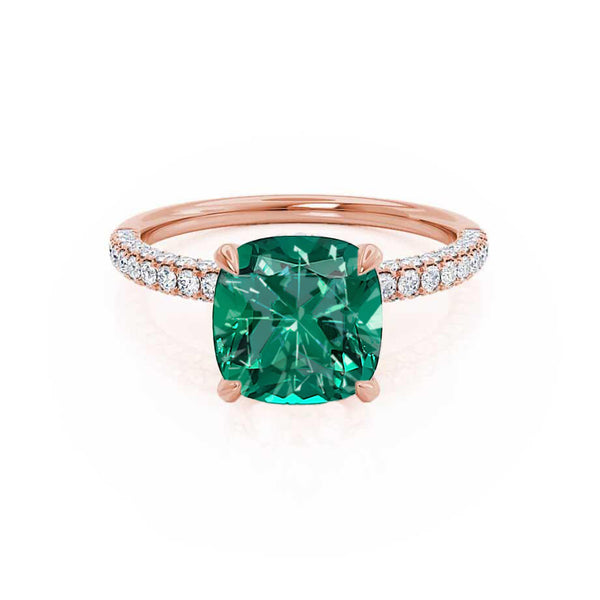 COCO - Cushion Emerald & Diamond 18k Rose Gold Hidden Halo Triple Pavé Shoulder Set Engagement Ring Lily Arkwright