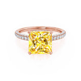 COCO - Princess Yellow Sapphire & Diamond 18k Rose Gold Hidden Halo Triple Pavé Shoulder Set Engagement Ring Lily Arkwright