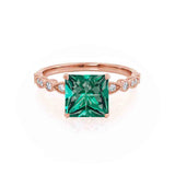 HOPE - Princess Emerald & Diamond 18k Rose Gold Vintage Shoulder Set Engagement Ring Lily Arkwright