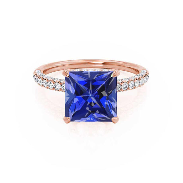 COCO - Princess Blue Sapphire & Diamond 18k Rose Gold Hidden Halo Triple Pavé Shoulder Set Engagement Ring Lily Arkwright
