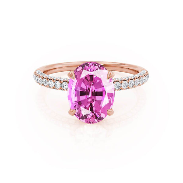 COCO - Oval Pink Sapphire & Diamond 18k Rose Gold Petite Hidden Halo Triple Pavé Shoulder Set Ring Engagement Ring Lily Arkwright