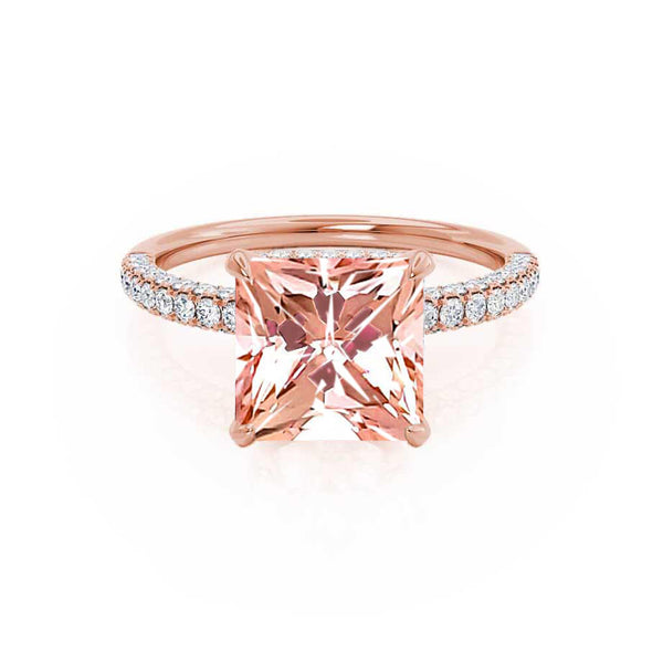 COCO - Princess Champagne Sapphire & Diamond 18k Rose Gold Hidden Halo Triple Pavé Shoulder Set Engagement Ring Lily Arkwright