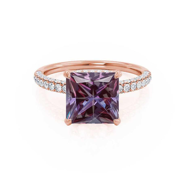 COCO - Princess Alexandrite & Diamond 18k Rose Gold Hidden Halo Triple Pavé Shoulder Set Engagement Ring Lily Arkwright