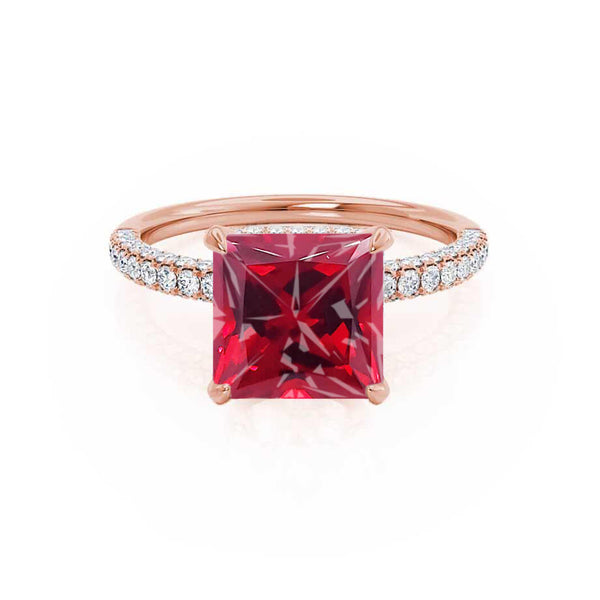 COCO - Princess Ruby & Diamond 18k Rose Gold Hidden Halo Triple Pavé Shoulder Set Engagement Ring Lily Arkwright