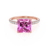COCO - Princess Pink Sapphire & Diamond 18k Rose Gold Hidden Halo Triple Pavé Shoulder Set Engagement Ring Lily Arkwright