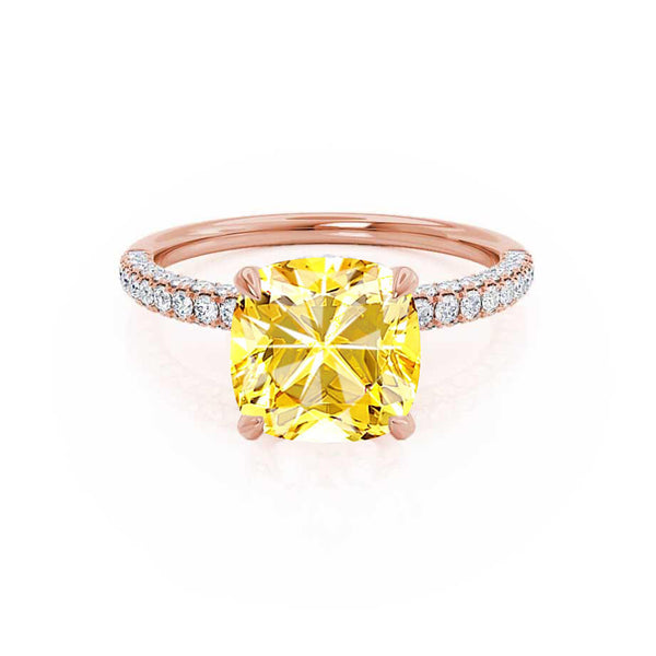 COCO - Cushion Yellow Sapphire & Diamond 18k Rose Gold Hidden Halo Triple Pavé Shoulder Set Engagement Ring Lily Arkwright