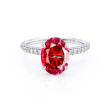 COCO - Oval Ruby & Diamond 18k White Gold Petite Hidden Halo Triple Pavé Shoulder Set Ring Engagement Ring Lily Arkwright