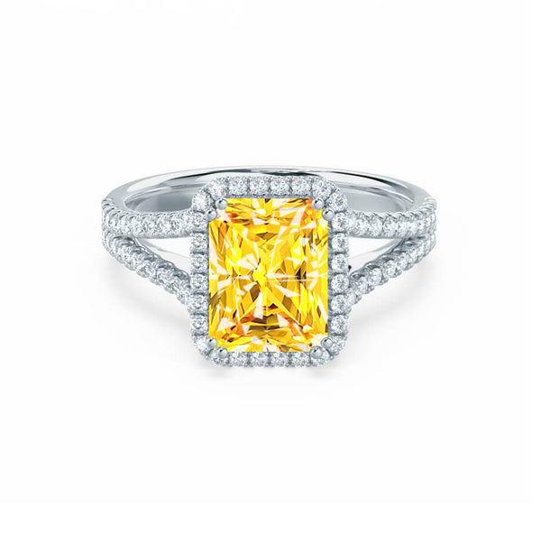 EVERLY - Radiant Yellow Sapphire & Diamond 18k White Gold Split Shank Halo Ring Engagement Ring Lily Arkwright