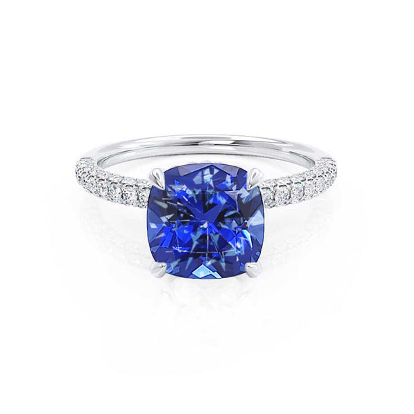 COCO - Cushion Blue Sapphire & Diamond 18k White Gold Hidden Halo Triple Pavé Shoulder Set Engagement Ring Lily Arkwright