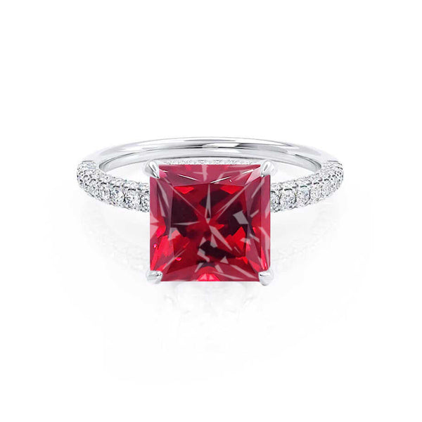 COCO - Princess Ruby & Diamond 950 Platinum Hidden Halo Triple Pavé Shoulder Set Engagement Ring Lily Arkwright