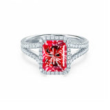 EVERLY - Radiant Ruby & Diamond 18k White Gold Split Shank Halo Ring Engagement Ring Lily Arkwright