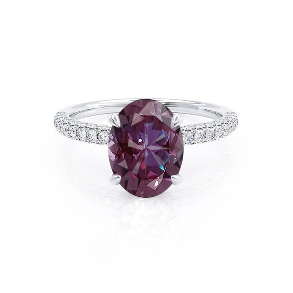 COCO - Oval Alexandrite & Diamond 18k White Gold Petite Hidden Halo Triple Pavé Shoulder Set Ring Engagement Ring Lily Arkwright