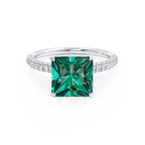 COCO - Princess Emerald & Diamond 18k White Gold Hidden Halo Triple Pavé Shoulder Set Engagement Ring Lily Arkwright