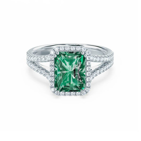 EVERLY - Radiant Emerald & Diamond 18k White Gold Split Shank Halo Ring Engagement Ring Lily Arkwright