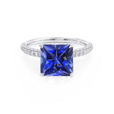 COCO - Princess Blue Sapphire & Diamond 18k White Gold Hidden Halo Triple Pavé Shoulder Set Engagement Ring Lily Arkwright