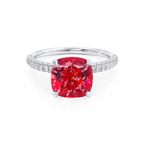 COCO - Cushion Ruby & Diamond 950 Platinum Hidden Halo Triple Pavé Shoulder Set Engagement Ring Lily Arkwright