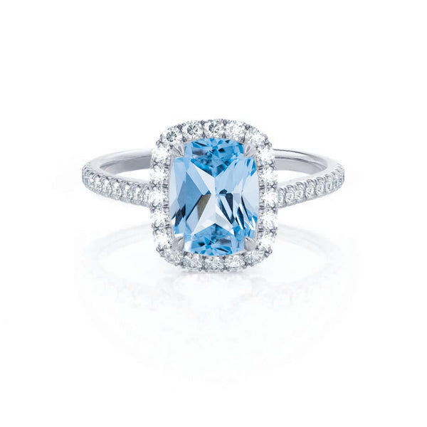 DARLEY - Aqua Spinel Elongated Cushion Micro Pavé 18k White Gold Halo Engagement Ring Lily Arkwright