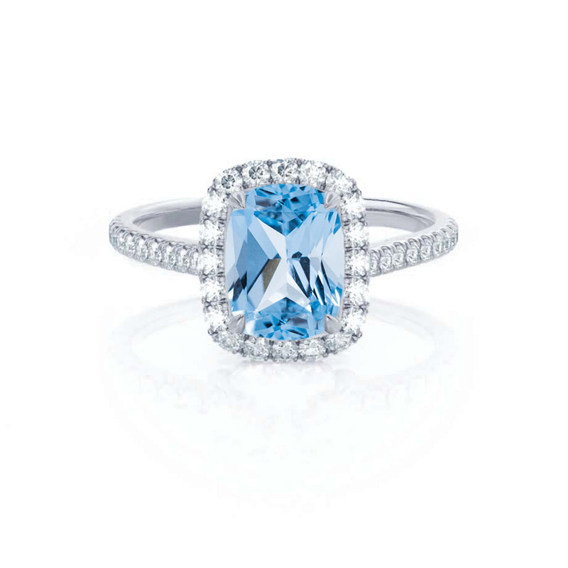 DARLEY - Aqua Spinel Elongated Cushion Micro Pavé 18k White Gold Halo Engagement Ring Lily Arkwright
