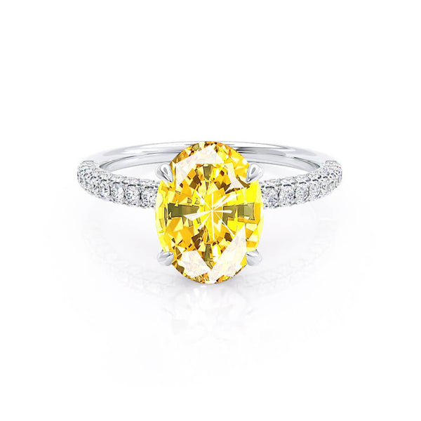 COCO - Oval Yellow Sapphire & Diamond 18k White Gold Petite Hidden Halo Triple Pavé Shoulder Set Ring Engagement Ring Lily Arkwright