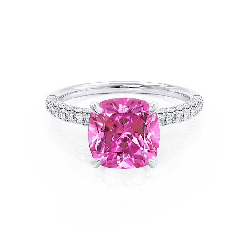 COCO - Cushion Pink Sapphire & Diamond 950 Platinum Hidden Halo Triple Pavé Shoulder Set Engagement Ring Lily Arkwright