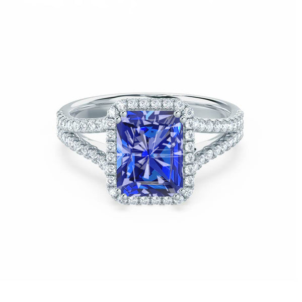 EVERLY - Radiant Blue Sapphire & Diamond 950 Platinum Split Shank Halo Ring Engagement Ring Lily Arkwright