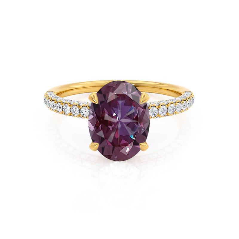COCO - Oval Alexandrite & Diamond 18k Yellow Gold Petite Hidden Halo Triple Pavé Shoulder Set Ring Engagement Ring Lily Arkwright