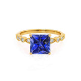 HOPE - Princess Blue Sapphire & Diamond 18k Yellow Gold Vintage Shoulder Set Engagement Ring Lily Arkwright