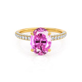 COCO - Oval Pink Sapphire & Diamond 18k Yellow Gold Petite Hidden Halo Triple Pavé Shoulder Set Ring Engagement Ring Lily Arkwright