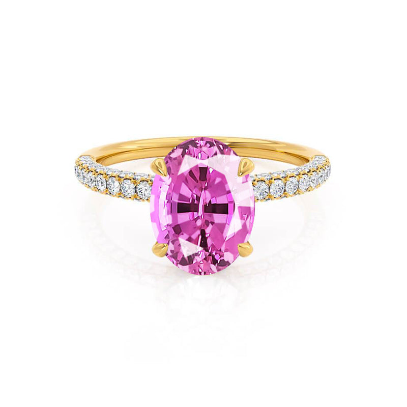 COCO - Oval Pink Sapphire & Diamond 18k Yellow Gold Petite Hidden Halo Triple Pavé Shoulder Set Ring Engagement Ring Lily Arkwright