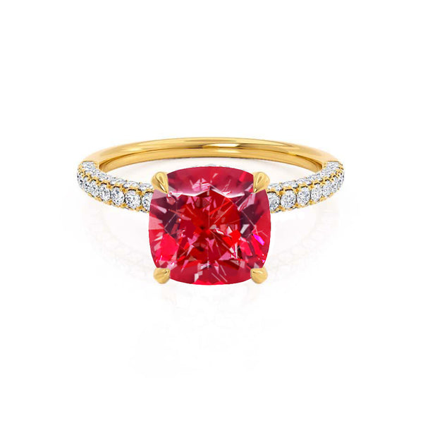COCO - Cushion Ruby & Diamond 18k Yellow Gold Hidden Halo Triple Pavé Shoulder Set Engagement Ring Lily Arkwright