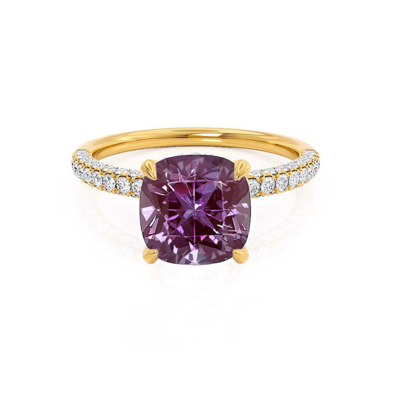 COCO - Cushion Alexandrite & Diamond 18k Yellow Gold Hidden Halo Triple Pavé Shoulder Set Engagement Ring Lily Arkwright