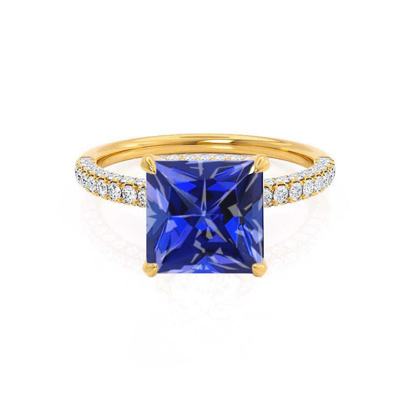COCO - Princess Blue Sapphire & Diamond 18k Yellow Gold Hidden Halo Triple Pavé Shoulder Set Engagement Ring Lily Arkwright