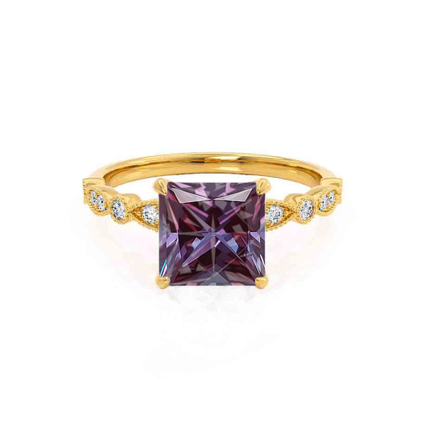 HOPE - Princess Alexandrite & Diamond 18k Yellow Gold Vintage Shoulder Set Engagement Ring Lily Arkwright