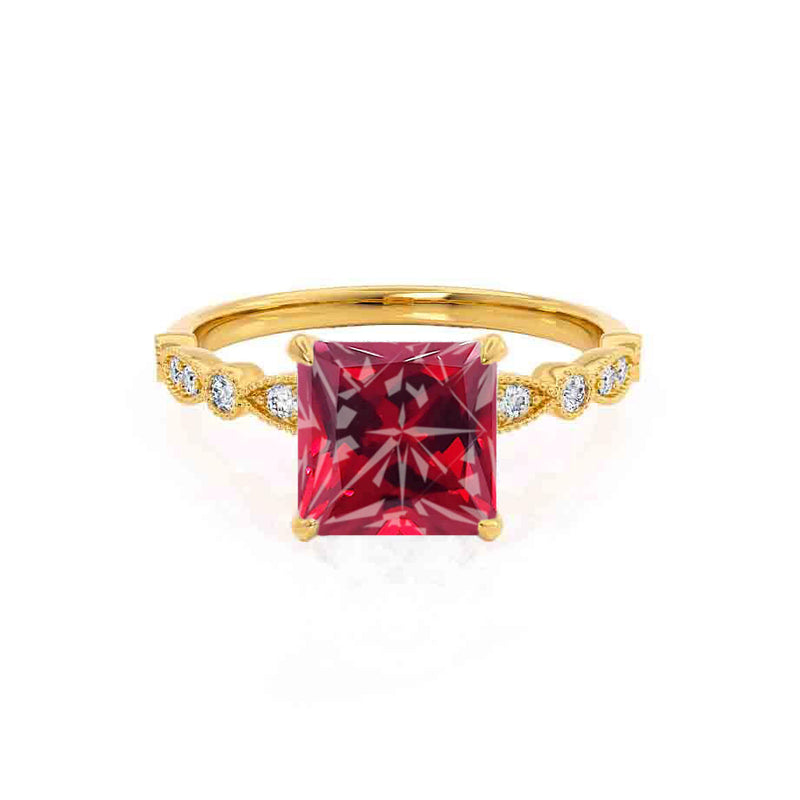 HOPE - Princess Ruby & Diamond 18k Yellow Gold Vintage Shoulder Set Engagement Ring Lily Arkwright