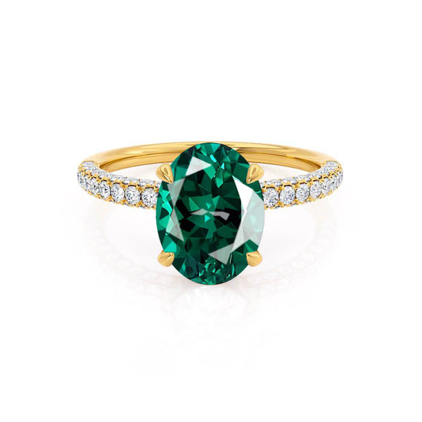 COCO - Oval Emerald & Diamond 18k Yellow Gold Petite Hidden Halo Triple Pavé Shoulder Set Ring Engagement Ring Lily Arkwright