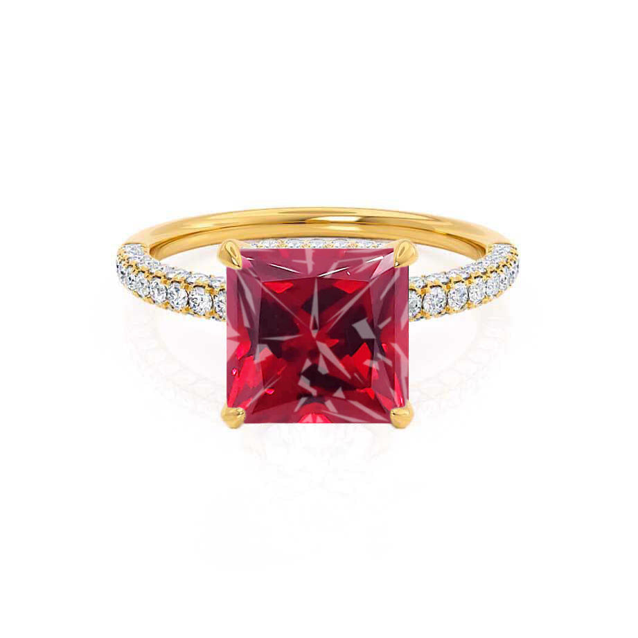COCO - Princess Ruby & Diamond 18k Yellow Gold Hidden Halo Triple Pavé ...