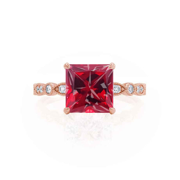 HOPE - Princess Ruby & Diamond 18k Rose Gold Vintage Shoulder Set Engagement Ring Lily Arkwright
