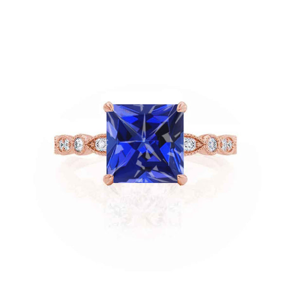 HOPE - Princess Blue Sapphire & Diamond 18k Rose Gold Vintage Shoulder Set Engagement Ring Lily Arkwright