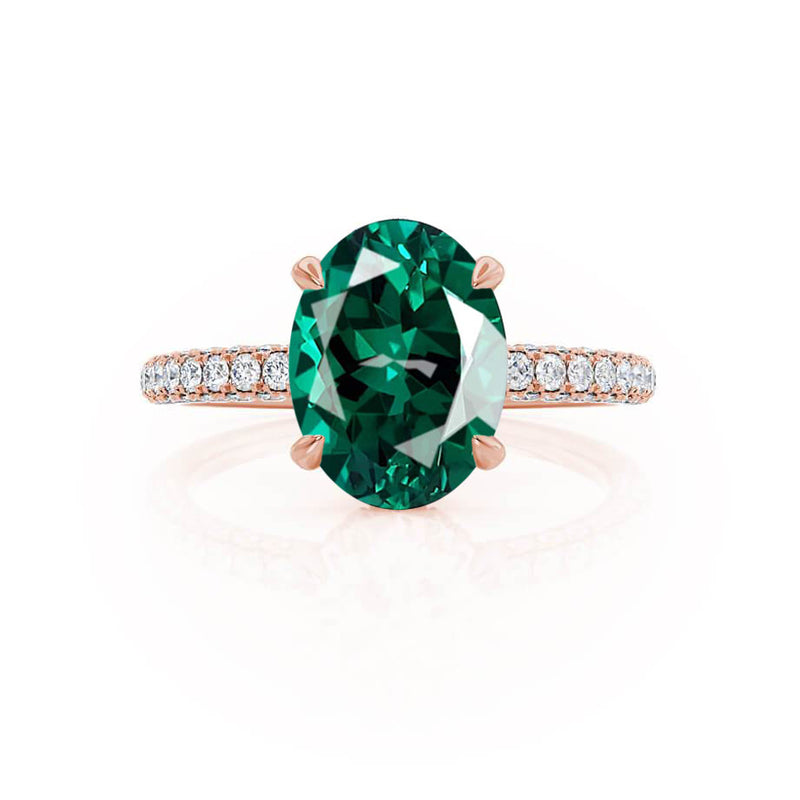 COCO - Oval Emerald & Diamond 18k Rose Gold Petite Hidden Halo Triple Pavé Shoulder Set Ring Engagement Ring Lily Arkwright