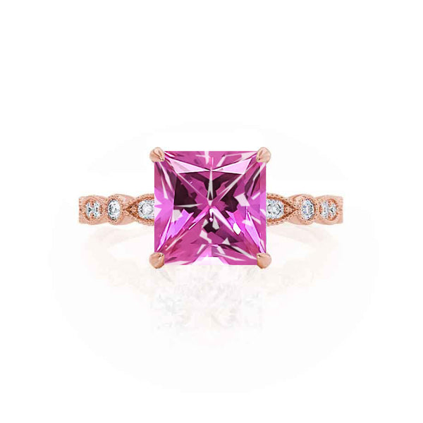 HOPE - Princess Pink Sapphire & Diamond 18k Rose Gold Vintage Shoulder Set Engagement Ring Lily Arkwright